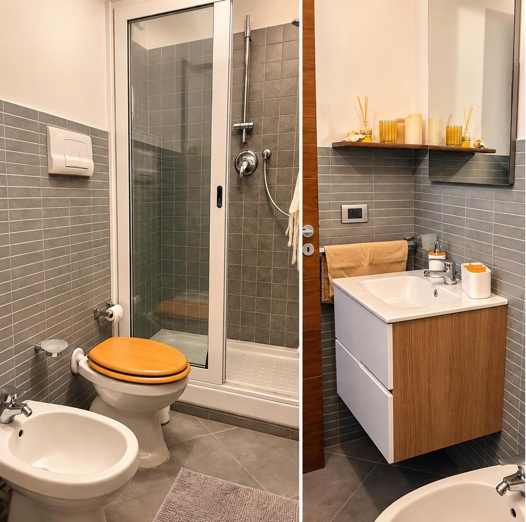 Bathroom with walk-in shower, washbasin, toilet and bidet