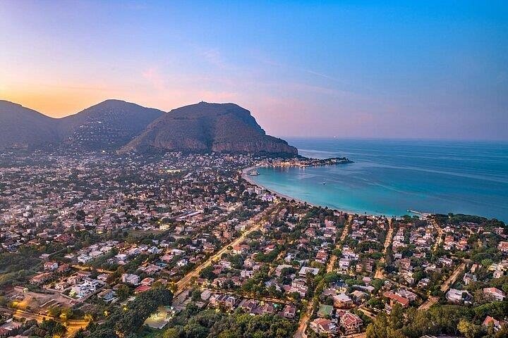 Mondello bay and Monte Pellegrino at sunset
